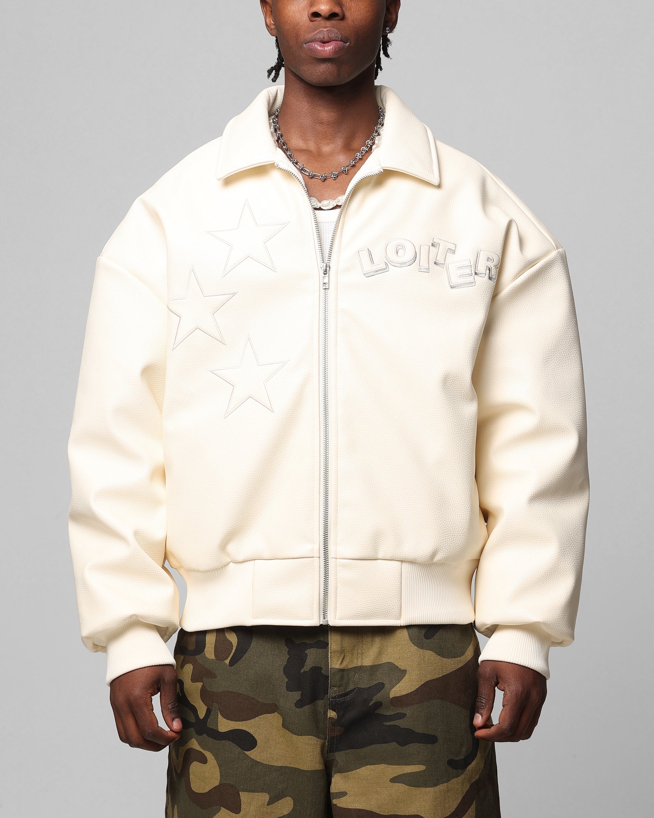Loiter Solar Vegan Leather Varsity Jacket Beige