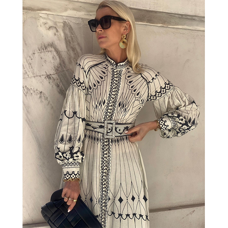 Puff sleeve Lace up Printed Dress