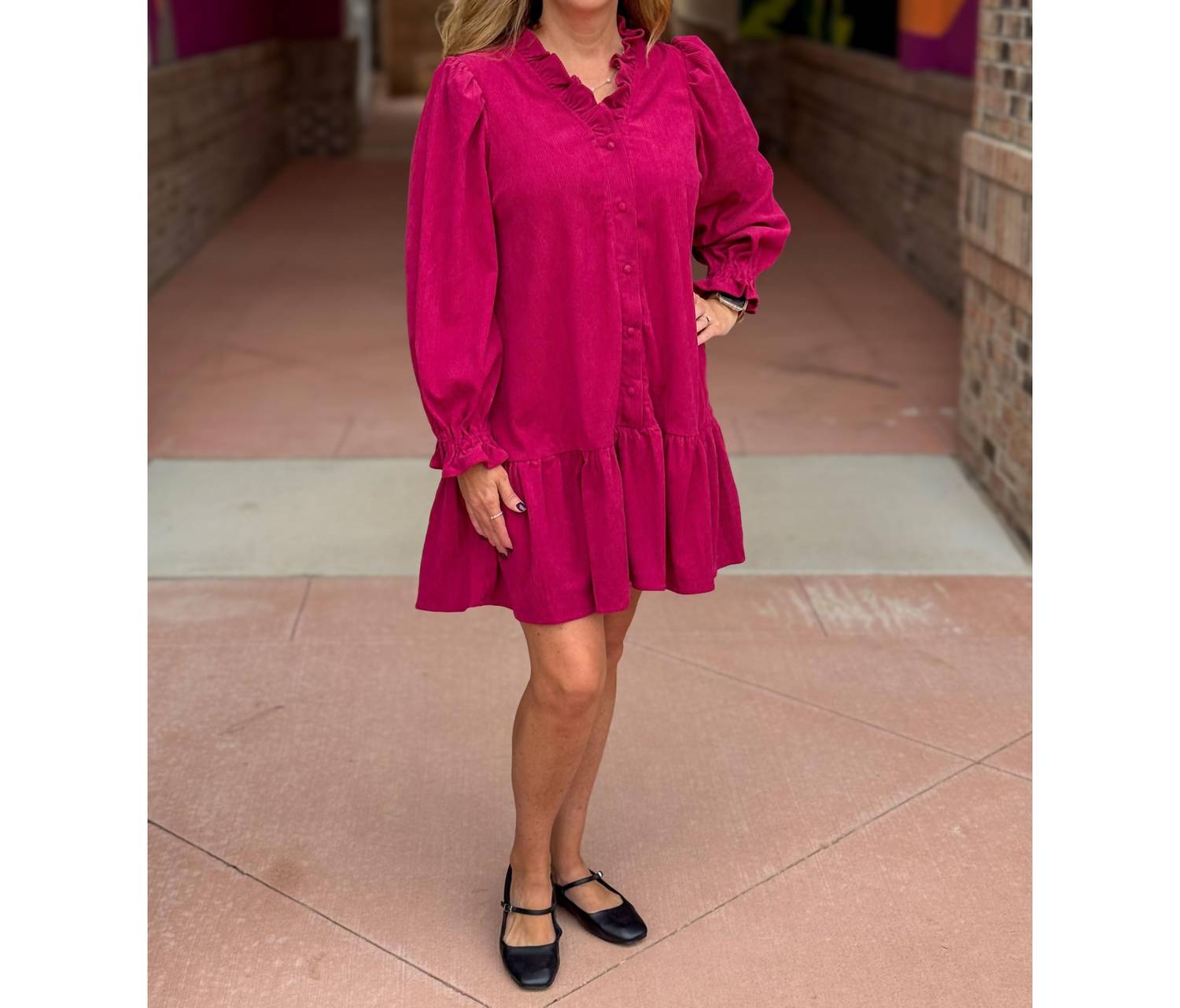 Umgee - Carisse Corduroy Ruffle Trim Mini Dress