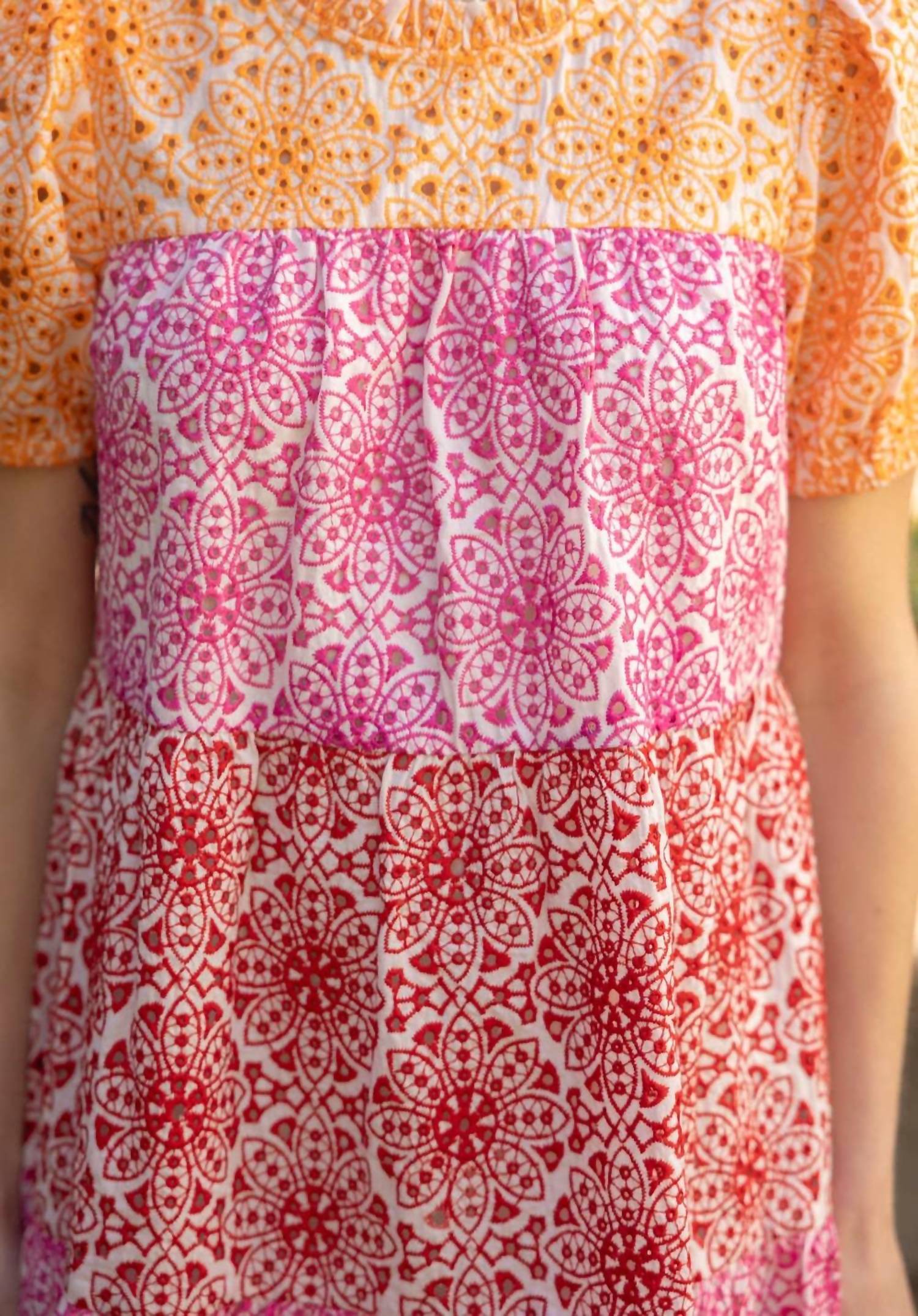Voy - Cheery Disposition Embroidered Color Block Tiered Dress