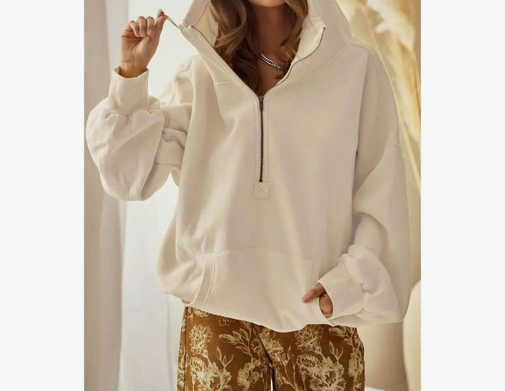 Bibi - Stitch Detailed Elastic Hem Half Zip Fleece Hoodie
