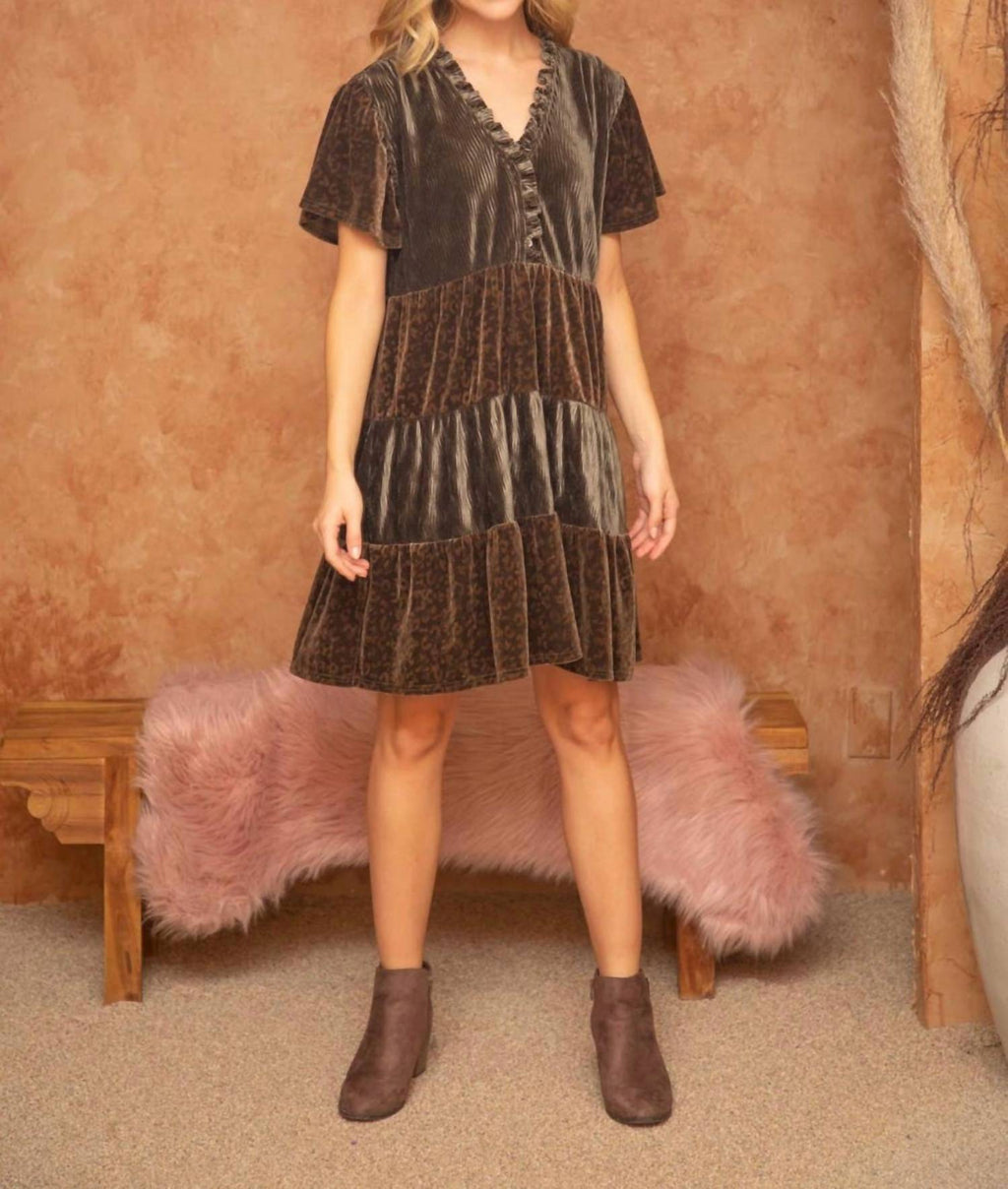 Voy - Leopard Velvet Mix Match Tiered Dress