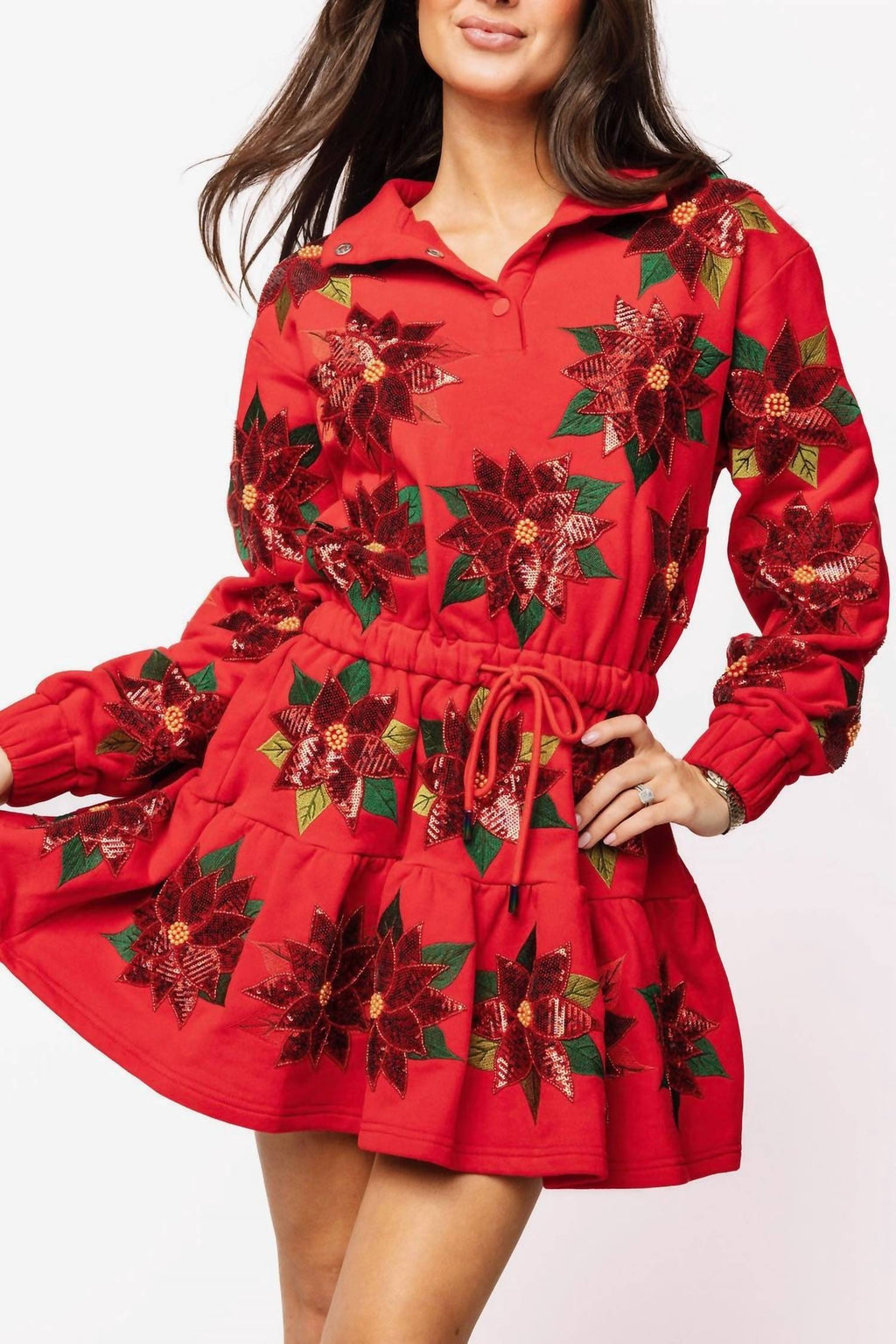 Queen Of Sparkles - Poinsettia Button Up Mock Neck Tie Sweatshirt Dress