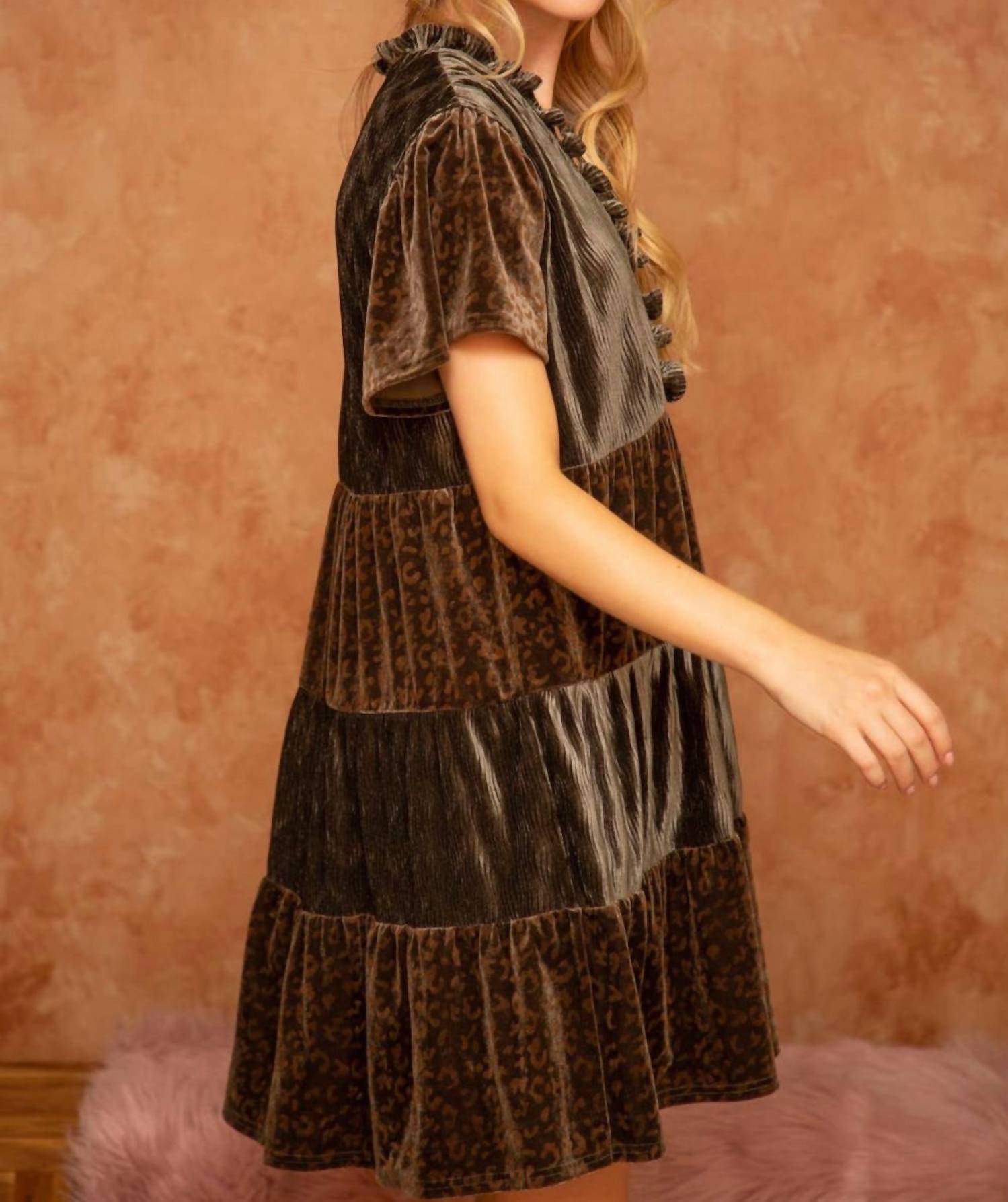 Voy - Leopard Velvet Mix Match Tiered Dress