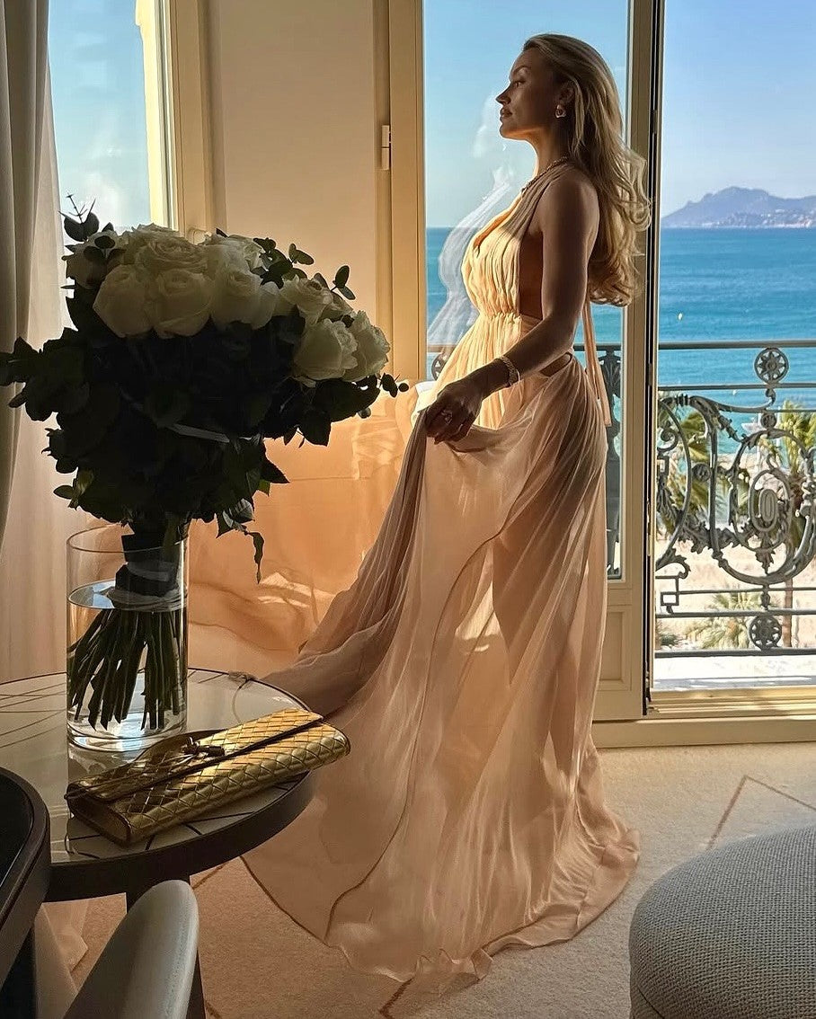 Sexy Halter Deep V-neck Backless Solid Color Dress