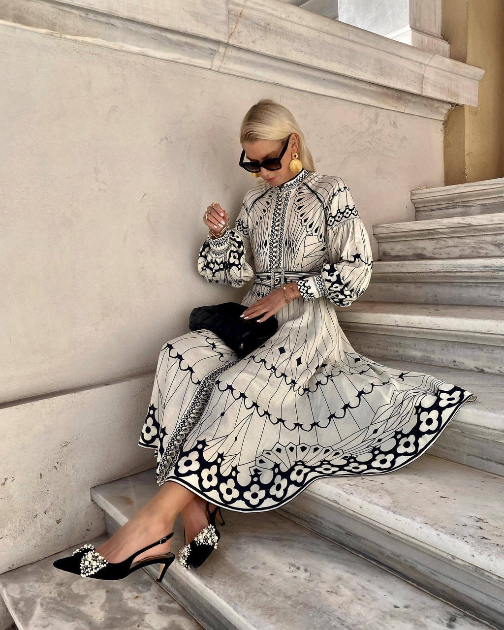 Puff sleeve Lace up Printed Dress