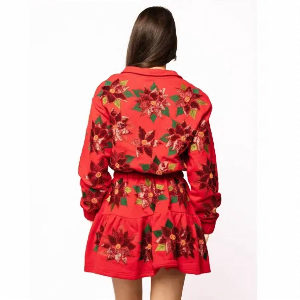 Queen Of Sparkles - Poinsettia Button Up Mock Neck Tie Sweatshirt Dress