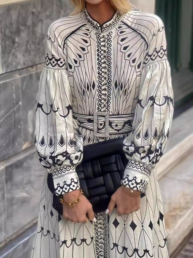 Puff sleeve Lace up Printed Dress
