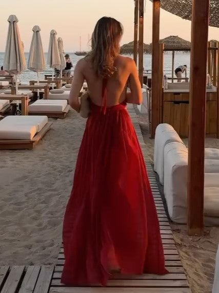 Sexy Deep V Halter Backless Dress