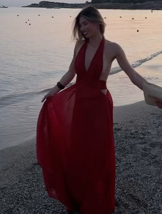 Sexy Deep V Halter Backless Dress