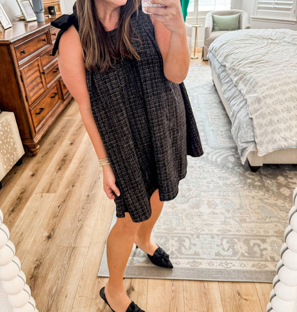 Meet Me In Santorini - Ebony Tweed Tie Shoulder Dress