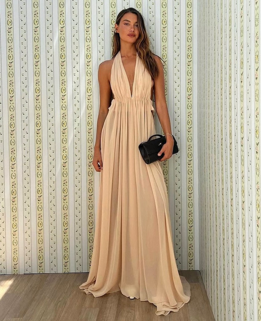 Sexy Halter Deep V-neck Backless Solid Color Dress